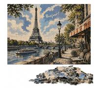 Eiffel Tower Illustration with Bonjour Text Puzzle en Bois, 500 pièces | À offrir : Cadeau puzzle - cadeau de fête pour fan de puzzle avec activité autour de la table.