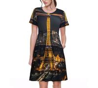 Eiffel Tower Robe d'été à manches courtes pour femme Robe d'été décontractée avec poches et longueur genou, noir, Taille S