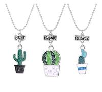Eiffy Lot de 3 colliers mignons en forme de cactus en pot pour femme avec cœur bleu, croissant de lune, étoile et inscription Beat Forever Friends