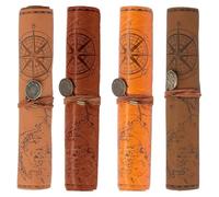 Eighosee Trousse à Crayons en Cuir 4 Pièces, Trousse à Crayons Enroulable avec Carte, Pochette pour Pinceaux de Maquillage Vintage, Couverture Lisse Mate en PU Marron