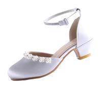 EIGHT KM Chaussures à Talons Hauts pour Filles Chaussures de Soirée de Mariage Escarpins Chaussures de Princesse EKM7033 Soie Lisse Brillante Perles Argent Taille EU 32