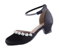 EIGHT KM Chaussures à Talons Hauts pour Filles Chaussures de Soirée de Mariage Escarpins Chaussures de Princesse EKM7033 Soie Lisse Brillante Perles Noires Taille EU 32