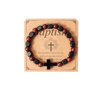 Eigso 8 MM Chrétien Pendentif Croix Bracelet pour Homme Femme Mode Vintage Rouge Perles de Bois pour Homme