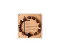 Eigso Marron Perles de Bois Mala Prière Bracelet pour Hommes Femmes Christian Croix Pendentif pour Homme Femme