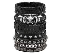 Eigso Rétro vintage Set de Bracelet multicouche à rivet clou étoile en Cuir PU Punk Rock Gothique Réglable pour Homme Femme Noir