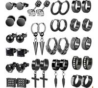 EIHI 18 Paires Boucle d'Oreille Homme, Acier Inoxydable, Punk Gothique, Noir, Accessoires Hip-Hop, Cadeaux Homme et Garçon