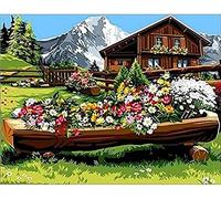 Eiialerm Kits de point de croix pour adultes Fleurs de chalet de montagne de neige DIY de broderie estampillés pour Kit 11CT debutant kits de au point de croix imprimés 40x50cm