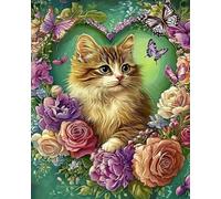 Eiialerm Point de croix kit complet kits Chat avec fleurs 11CT Toile Pré-imprimé DIY Adulte Kits Broderie Estampillés Pour Noel Décoration la Maison 40x50cm