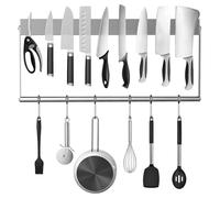 Eikovia Porte-couteaux mural magnétique de 40,6 cm en acier inoxydable avec 6 crochets, support magnétique de cuisine pour couteaux, cuillères suspendues, fouets, ciseaux