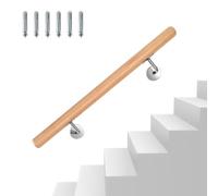 Eikuavons - Main courante en bois de hêtre, 100 cm - Rampe murale avec support mural et embouts, main courante antidérapante en bois pour escalier ou balcon, Ø rond de 42 mm