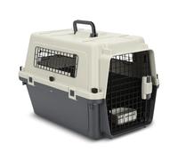 Eikuavons Mallette de transport spéciale pour chien et chat - En plastique PP - Porte et fenêtre avec poignée - 60,4 x 42 x 39,8 cm - Avec couches et bols suspendus - Gris et blanc