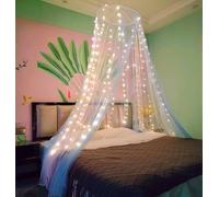 Eimilaly Ciel de lit Bicolore moustiquaire Blanc Bleu avec lumières Chaudes, Ciel de lit pour Fille décoration de Chambre, Porte Unique