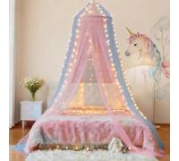 Eimilaly Ciel de lit Bicolore moustiquaire Rose Bleu avec lumières Chaudes, Ciel de lit pour Fille décoration de Chambre, Porte Unique