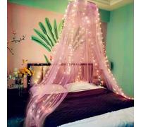Eimilaly Ciel de lit en Dentelle moustiquaire avec lumières Chaudes, Princesse Ciel de lit pour Fille décoration de Chambre, Rose/Unique Porte