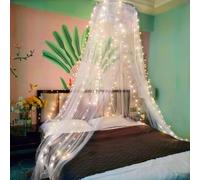 Eimilaly Dentelle Ciel de lit Moustiquaire avec lumières Chaudes, Princesse Ciel de lit pour Fille Décoration de Chambre, White/Porte Unique