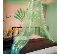 Eimilaly Dentelle Ciel de lit Moustiquaire avec lumières Chaudes, Princesse Ciel de lit pour Fille Décoration de Chambre, Green/Porte Unique