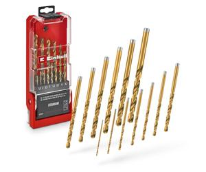 Einhell 13 pièces jeu de forets métal HSS-G TiN, Ø 1,5-6,5 mm | Acier HSS 4341 | revêtement nitrure de titane | Split Point 135° | spirale N fraisée | queue cylindrique | coffret incl.