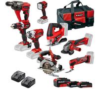 Einhell Pack 7 outils sans fil - Power X-Change (Meuleuse, Perforateur, Perceuse, Visseuse à chocs, Scie sauteuse, Scie circulaire, Outil multi) + 2 Chargeurs et 3 Batteries 4,0Ah/2,5Ah/2,0Ah + 1 sac