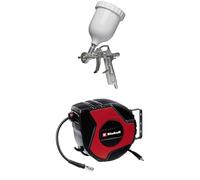 Einhell Pistolet à pulvérisation de Peinture à air comprimé pour compresseur (5 Bar Max, réservoir 0,6L, écoulement par gravité, régulateur débit Peinture et de Jet, raccord Inclus) + Dévidoir Auto