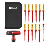 Einhell Set de tournevis VDE, 13 pièces (poignée en T, lames interchangeables, plat/PH/PZ/T, longueur de lame 80-100 mm, testeur de phase, housse)