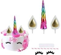 EinhornM Décoration de gâteau dorée pour anniversaire, mariage, fête, décoration de gâteau, oreilles de corne et cils mignons, pour fête, fête prénatale (couleur arc-en-ciel)