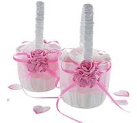 EinsSein 2x Panier Fille de Fleur Rosé Flower 17x26x13 | Panier Mariage Rose & Blanc pour Pétales, Fleurs & Confettis | Panier Enfant Cérémonie Noce Décoration de Mariage Élégant avec Rubans Satinés