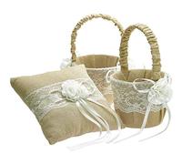 EinsSein Set Jut Flower Mariage | 1x Coussin d’Alliance en Jute 20x20 cm avec Dentelle + 2X Paniers de Fille d’Honneur | Porte-Alliance et Accessoires Déco Champêtre pour Cérémonie