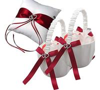 EinsSein Set Mariage Amore Rouge | 1x Coussin d’Alliance 20x20 cm Rouge et Blanc + 2X Paniers de Fille d’Honneur | Porte-Alliance et Déco Romantique avec Dentelle pour Cérémonie de Mariage