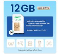 EIOTCLUB Carte SIM de données 12 Go 360 jours - SIM Internet prépayée IoT pour caméra, routeur, système d'alarme | 4G LTE/5G | Sans engagement, sans inscription | Réseau Vodafone O2 | Allemagne & UE