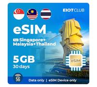 EIOTCLUB eSIM prépayée 5 Go pour 30 jours | Pour Singapour, Malaisie et Thaïlande | Données 5G haute vitesse | Données uniquement | Avec hotspot | Rechargeable