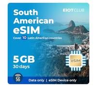EIOTCLUB eSIM prépayée Amérique du Sud 5 Go 30 jours | Haute vitesse 5G | Données uniquement | Partage de points d'accès pris en charge | Rechargeable