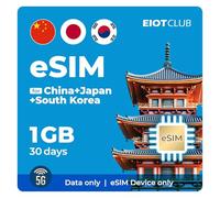 EIOTCLUB eSIM prépayée pour le Japon, la Chine et la Corée du Sud, 1 Go pour 30 jours, Internet mobile 5G, données uniquement, fonction hotspot, rechargeable