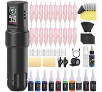 EIPTWH Kit complet de machine rotative avec alimentation sans fil, 20 cartouches d'aiguilles RL RM, 10 couleurs d'encre, papier de transfert de savon bleu pour débutants artistes