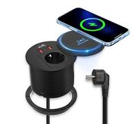 Eirolace 4 in 1 Prise encastrable avec Chargeur sans Fil 15W, Prise Encastrable mit USB C A PD 20W Plan de Travail, Bloc Prise Escamotable pour Meubles, Cuisine, Bureau 2M Câble, Diamètre 80mm, Noir