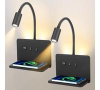 Eirolace Liseuse de Chevet Murale avec port de charge USB et Base de Chargeur sans Fil, Lampe de Lecture Col de Cygne Flexible, Applique murale LED pour Salon Chambre tête de lit Lecture(2)
