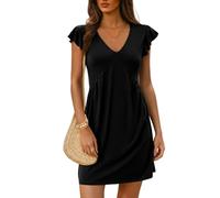 EIRUKON Robe Femme Ete Mini Col V Robes Manches à Volants Robe de Plage Manches Courtes Couleur Unie Ample Robes Chic et Elegant Longueur Genou Décontracté Casual,Noir,XL