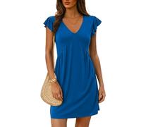 EIRUKON Robe Femme Ete Mini Col V Robes Manches à Volants Robe de Plage Manches Courtes Couleur Unie Ample Robes Chic et Elegant Longueur Genou Décontracté Casual,Bleu,S