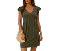 EIRUKON Robe Femme Ete Mini Col V Robes Manches à Volants Robe de Plage Manches Courtes Couleur Unie Ample Robes Chic et Elegant Longueur Genou Décontracté Casual,Vert Armée,L