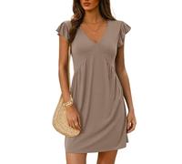 EIRUKON Robe Femme Ete Mini Col V Robes Manches à Volants Robe de Plage Manches Courtes Couleur Unie Ample Robes Chic et Elegant Longueur Genou Décontracté Casual,Kaki,M