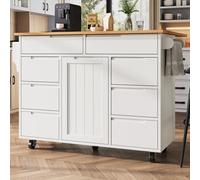 eisaro Îlot de cuisine mobile 122 x 74,5 x 91,5 cm, blanc, avec plan de travail pliable, 8 tiroirs, étagère à épices et roulettes - Idéal pour les petites cuisines
