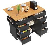 eisaro Îlot de cuisine mobile 122 x 74,5 x 91,5 cm, noir, avec plateau de table pliable, 8 tiroirs, étagère à épices intégrée et roulettes - Peu encombrant