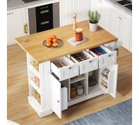 eisaro Îlot de cuisine sur roulettes 132 x 40 (70) x 87 cm, blanc, style maison de campagne, avec prise et port USB, étagère extensible, 3 tiroirs, espace de rangement