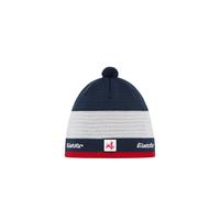 Eisbär Vin Active Bonnet d'hiver unisexe en laine mérinos avec doublure en micromodal et pompon rétro, Rouge - Cobalt foncé - Acon blanc, Taille unique