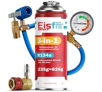 Eisfro 3-en-1 - Gaz Réfrigérant R134a De Substitution pour Climatisation Auto avec Stop-Fuite Et Huile - Lot 1x235 g Bouteille - Camping-Car - Tuyau + Adaptateur HP/LP - ECO