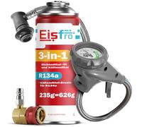 Eisfro - 3en1 R134a Fluide Réfrigérant Gaz de Remplacement - pour Climatisation Automobile - Bouteille de Gaz 1x235 g - Camping-Car - Tuyau et Adaptateur HP/LP - Manomètre Climatisation - ECO