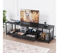 eiskah Meuble TV avec tiroirs en tissu et prise de courant pour TV de 75, 70, 65 pouces, centre de divertissement avec étagères de rangement ouvertes, table console multimédia industrielle pour salon