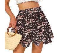 Eisnnu Mini Jupe Femme Jupe Courte en Mousseline à Volants Taille élastique et Doublure Sexy Floral Leopard Skater Skirt (FR/ES, Alpha/Lettres, M, Taille Normale, Taille Normale, Fleur Noire)