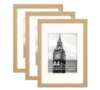 Eitida Lot de 3 Cadres Photo Droits Modernes A4 (21 x 29,7 cm) Grain de Bois Texturé Chêne Naturel - Avec Passe-Partout Pour 15 x 20 cm - Dessus de Table ou Décoration Murale