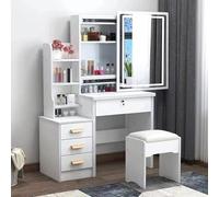 ejlaikmm Coiffeuse avec Miroir et Tabouret, Moderne Coiffeuse avec Miroir LED a Luminosités Réglables,4 Tiroirs et 6 étagères,Table de Maquillage avec Commode en Bois,Blanc 80 x 36 x 130 CM