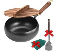 Ejoyiso Casserole en fer épais non revêtue - 24/23/28 cm - Poêle à frire japonaise antiadhésive forgée à la main - Sans revêtement - Avec couvercle et pelle en bois (Holzb, 26 cm)